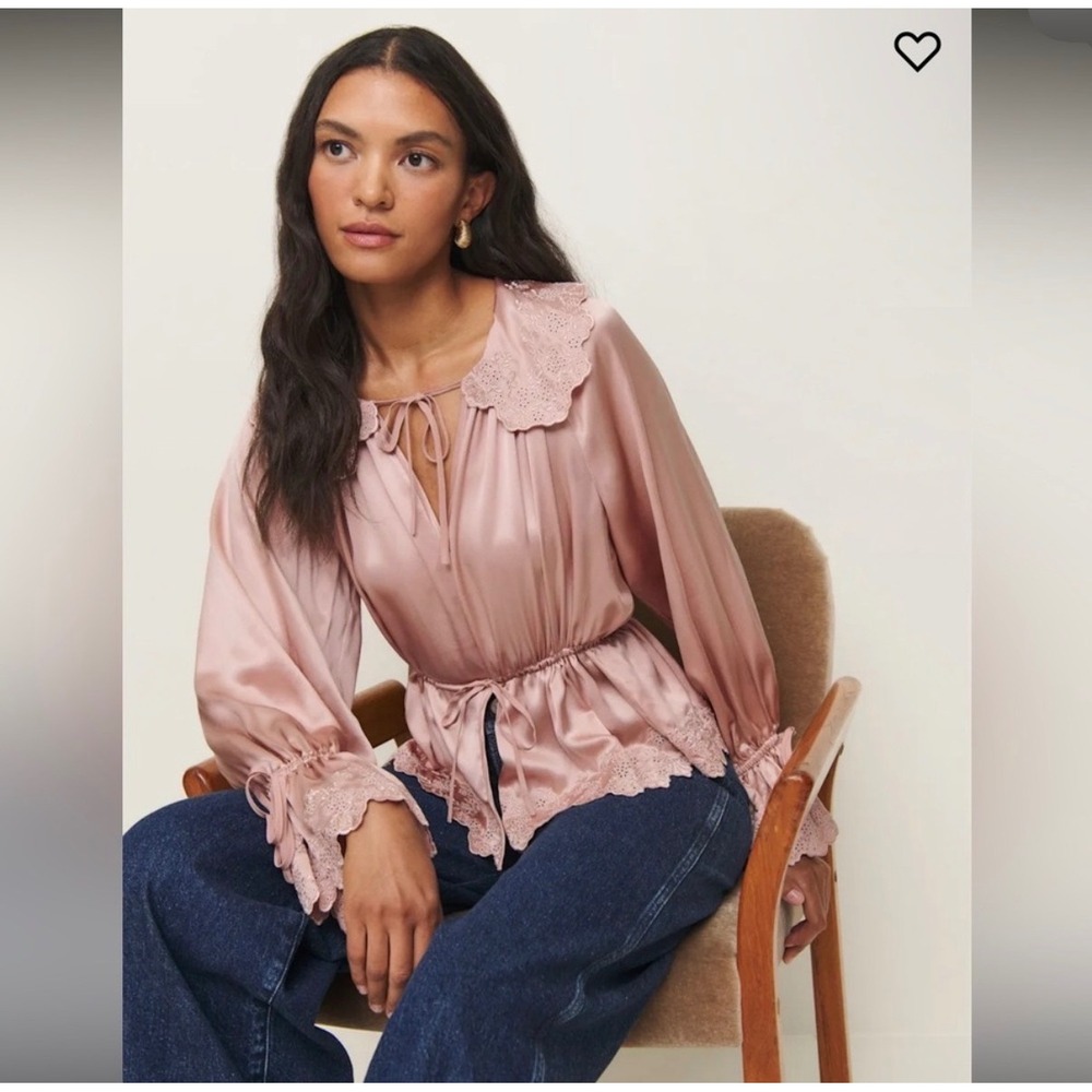 Reformation Kacey Musgraves Blouse Women XS Pink Silk Lace Eyelet Peplum Top - Picture 1 of 6